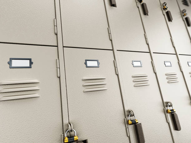 istock Beige gym lockers  standing in a row 677480328