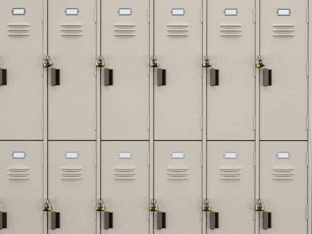 istock Beige gym lockers  standing in a row 677481156