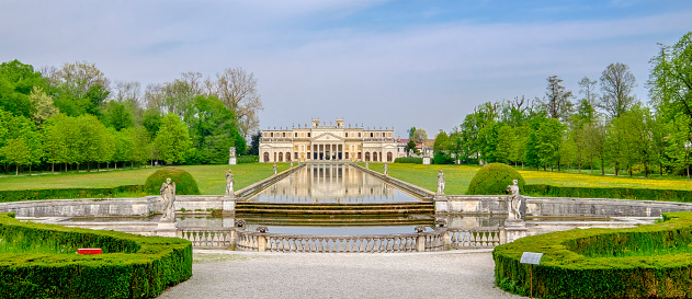 panoramic view at the baroque garden of the palace Schlosshof in Austria across the border onto the town of Bratislava in Slovakia