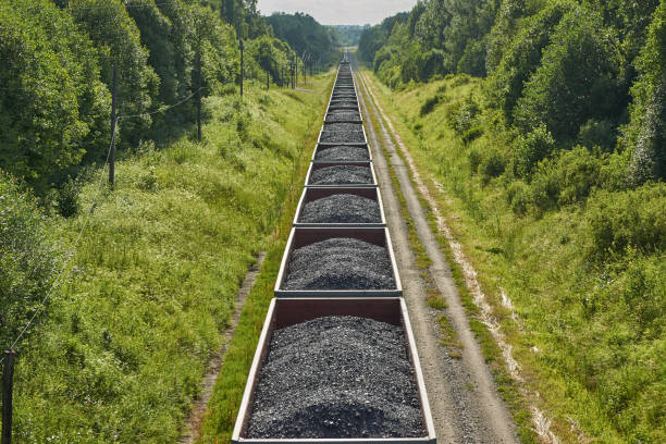 Railway cargo cars carrying coal Set of train cars with coal transport by rail - countryside view intercity train photos stock pictures, royalty-free photos & images
