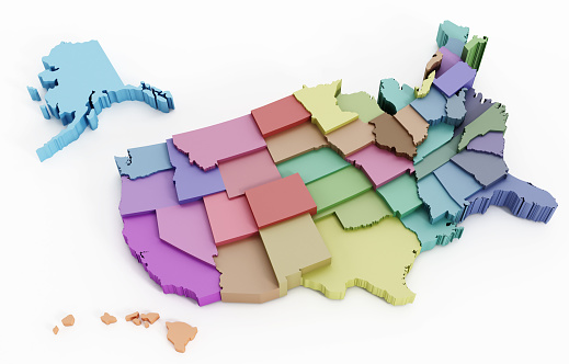 Multi-colored USA map showing state borders.