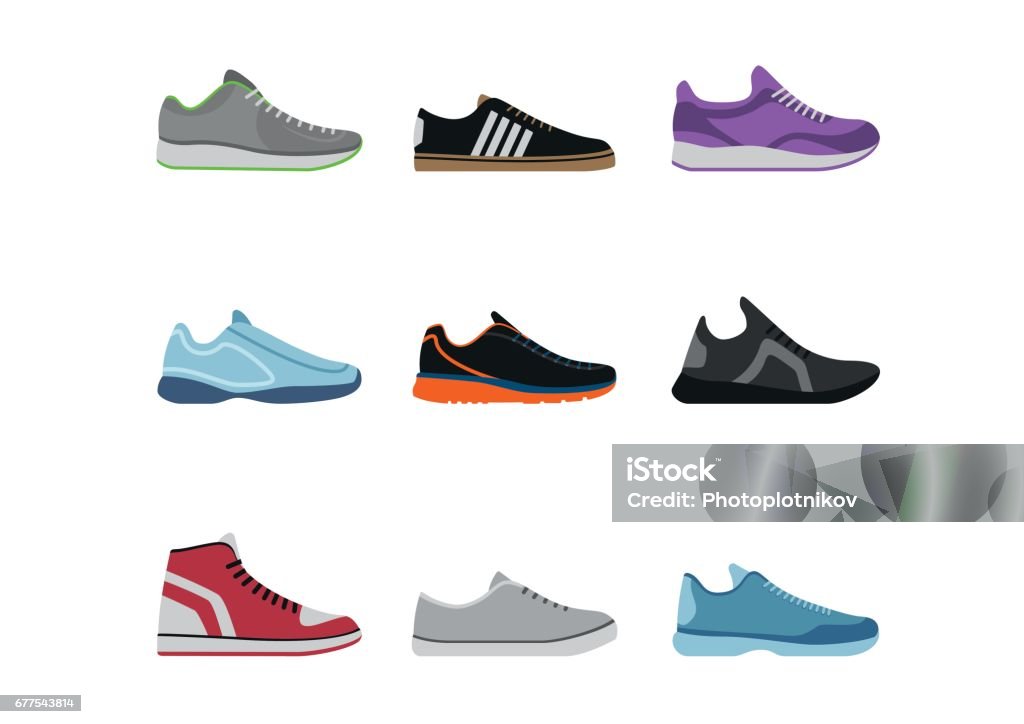 Bequeme Schuhe Kollektion isoliert auf weißem Hintergrund. Sportwear Sneaker, täglichen Schuhe Kleidung im flachen Stil. Hohe und niedrige Keds, Schuhe für Sport und casual look - Lizenzfrei Schuhwerk Vektorgrafik