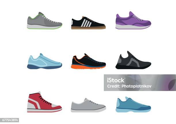 Comfortable Shoes Collection Isolated On White Background Sportwear Sneakers Everyday Footwear Clothing In Flat Style High And Low Keds Footwear For Sport And Casual Look Stock Illustration - Download Image Now