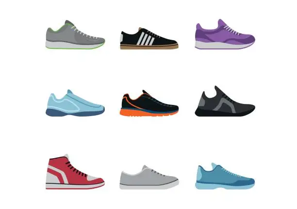 Vector illustration of Comfortable shoes collection isolated on white background. Sportwear sneakers, everyday footwear clothing in flat style. High and low keds, footwear for sport and casual look