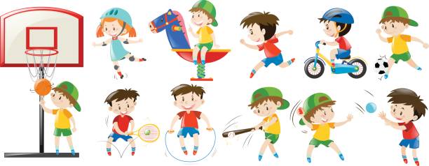 illustrazioni stock, clip art, cartoni animati e icone di tendenza di bambini che praticano diversi sport e giochi - child tennis white background sport