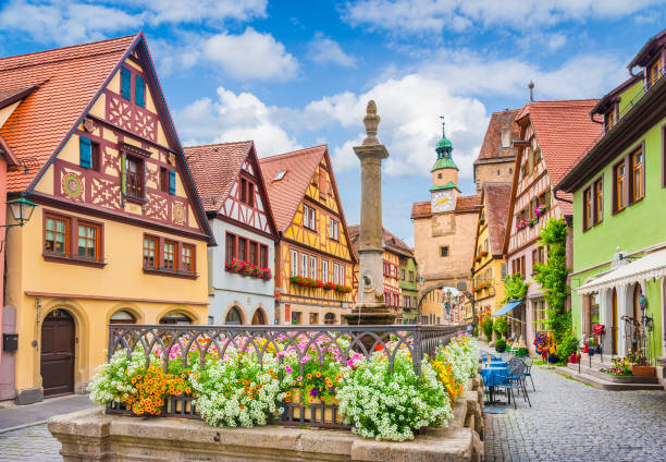Historic town of Rothenburg ob der Tauber, Franconia, Bavaria, Germany Beautiful postcard view of the famous historic town of Rothenburg ob der Tauber on a sunny day with blue sky and clouds in summer, Franconia, Bavaria, Germany franconia photos stock pictures, royalty-free photos & images