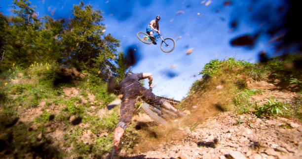 Motion of mountain bikers performing stunts