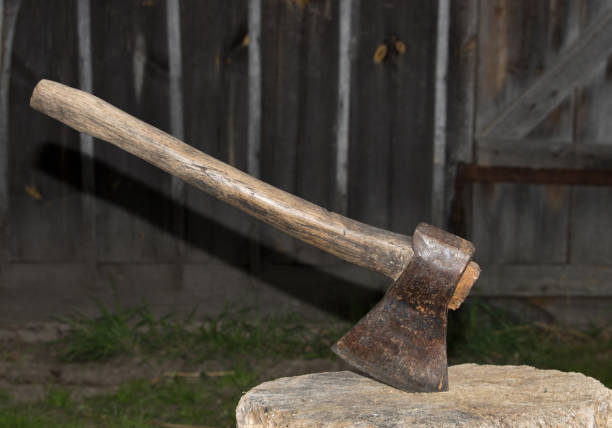 istock Old axe on a tree stump for chopping firewood. 677596858