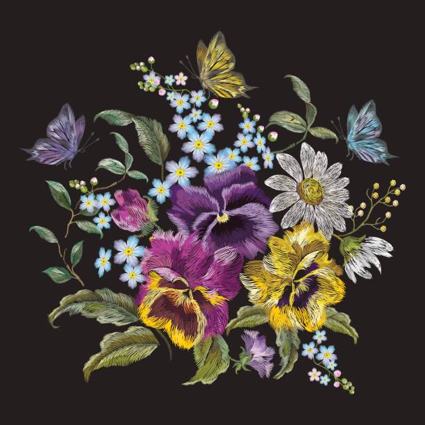 istock Embroidery trend floral bouquet with pansies, chamomiles and forget me nots. 677609648