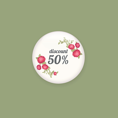 Glossy sale button or badge. Product promotions. Big sale, special offer, 50 off. Spring tag design, voucher template. Floral frame for text, isolated on white background