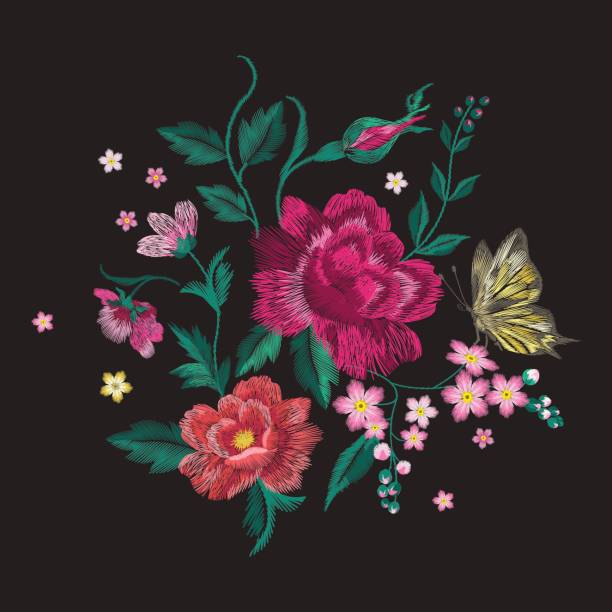 ilustrações de stock, clip art, desenhos animados e ícones de embroidery brigth trend floral pattern with butterfly. - sewing needlecraft product needle backgrounds