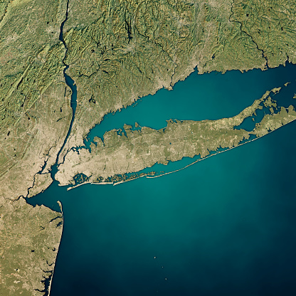 3D Render of a Topographic Map of Long Island, New York, USA. Contains modified Copernicus Sentinel data (September 25, 2016) courtesy of ESA. Relief texture SRTM data courtesy of NASA. URL of source images: