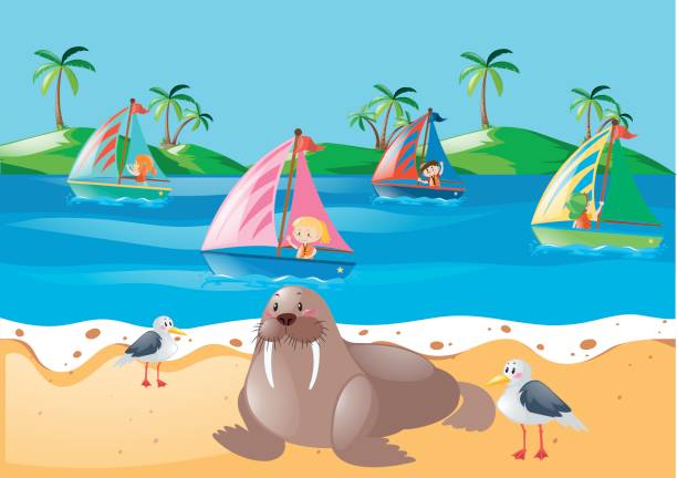 Scene with kids sailing and animals on beach Scene with kids sailing and animals on beach illustration sail boat clipart pictures stock illustrations