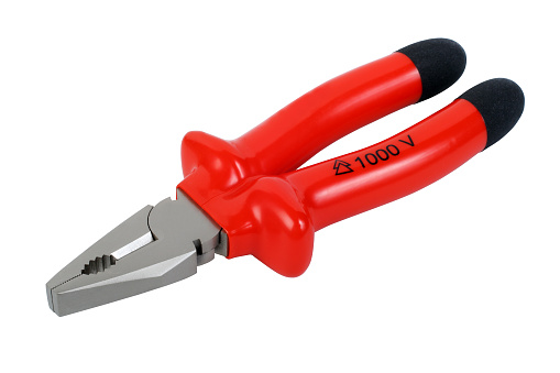 Silver metal pliers with red and black plastic handles