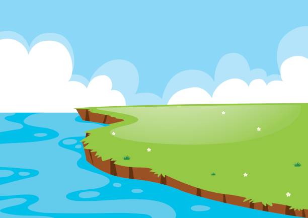 ilustrações de stock, clip art, desenhos animados e ícones de nature scene with field and lake - riverbank