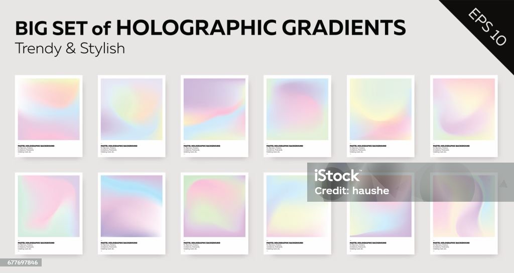 Big Set of Trendy Pastel Holographic Backgrounds. Big Set of Trendy Pastel Holographic Backgrounds for Cover, Flyer, Brochure, Poster, Wedding Invitation, Wallpaper, Backdrop, Business Design. Abstract Template for Social Media Design. Color Gradient stock vector