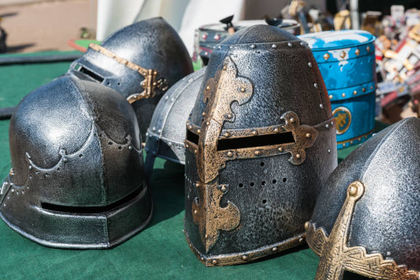 istock Helmets of knight armor on display for sale 677711368