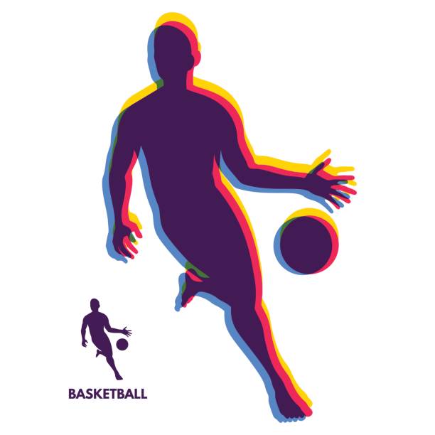 basketball-spieler stehen und den ball dribbeln. sport-symbol. vektor-illustration. - streetball basketball sport men stock-grafiken, -clipart, -cartoons und -symbole