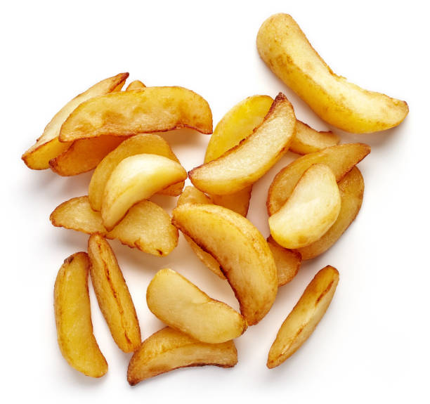 istock Potato wedges isolated on white, from above 677777780