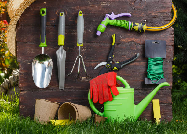 istock Gardening tools and a straw hat on the grass in the garden. 677799576