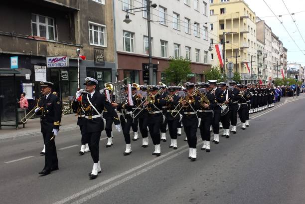 Gdynia, Poland - May 03, 2017: Parade of the Navy Orchestra in the middle of the street on the occasion of May 03