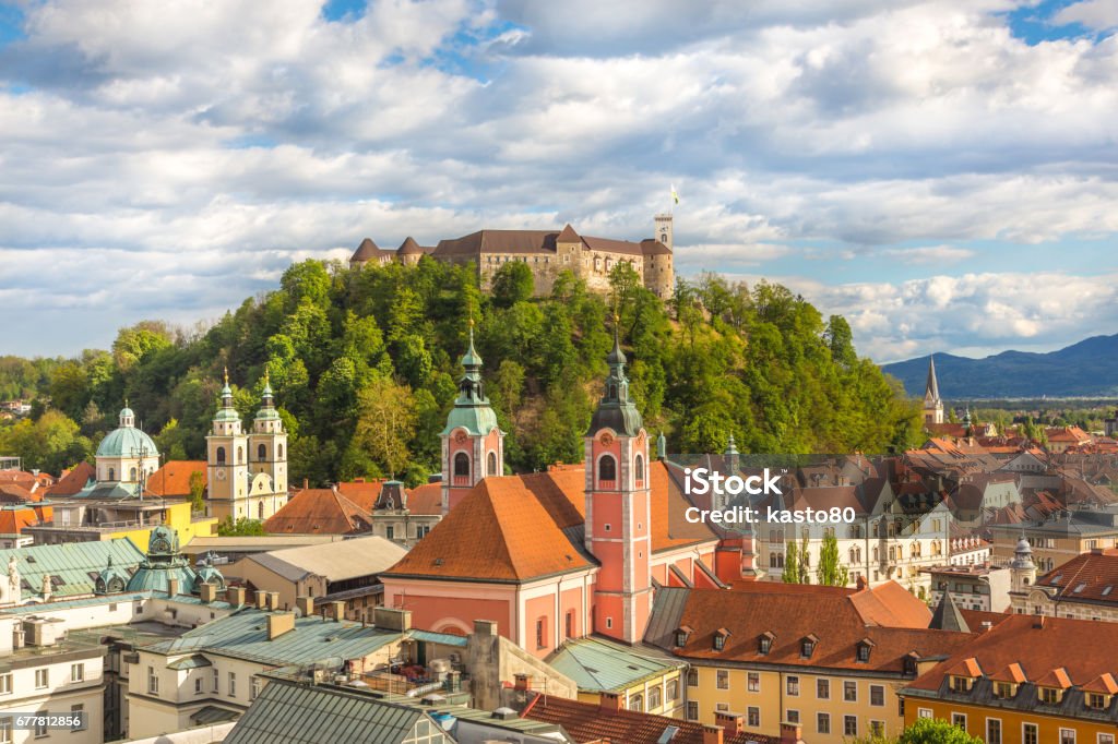 Panorama of Ljubljana, Slovenia, Europe. Panorama of the Slovenian capital Ljubljana at sunset. Ljubljana Castle Stock Photo