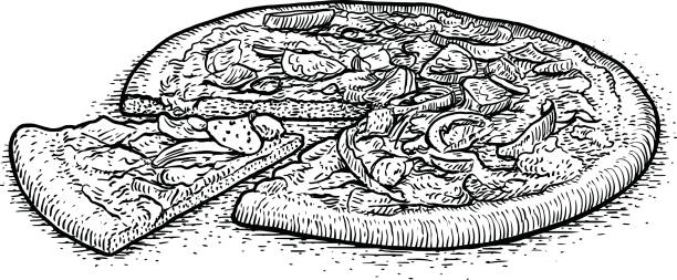 ilustracja do pizzy, rysunek, grawerowanie, tusz, grafika liniowa, wektor - salami sausage portion decoration stock illustrations