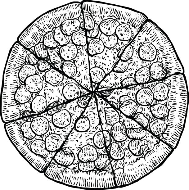 Pizza illustration, drawing, engraving, ink, line art, vector Illustration, what made by ink, then it was digitalized. pepperoni pizza drawing stock illustrations