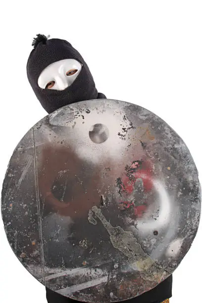 Photo of Portrait Thief woman hold old vintage Shield