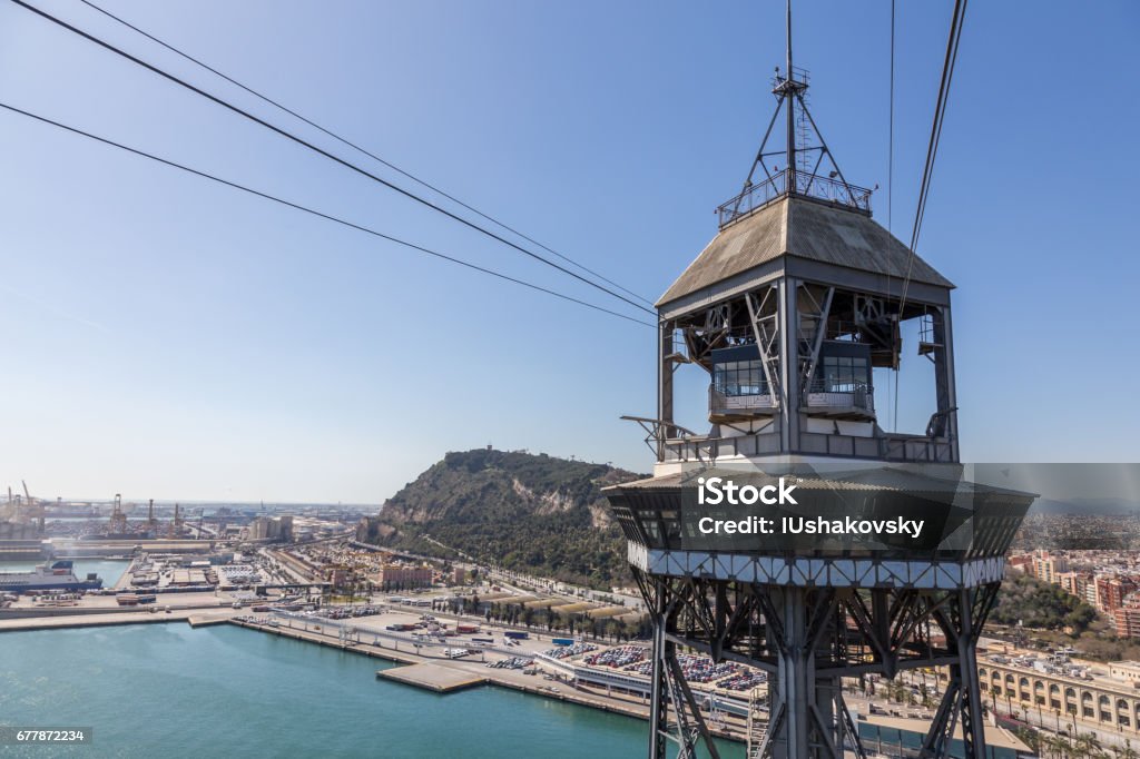 View of cableway tower in Barcelona View of cableway tower in the  harbour of Barcelona Horizontal Stock Photo