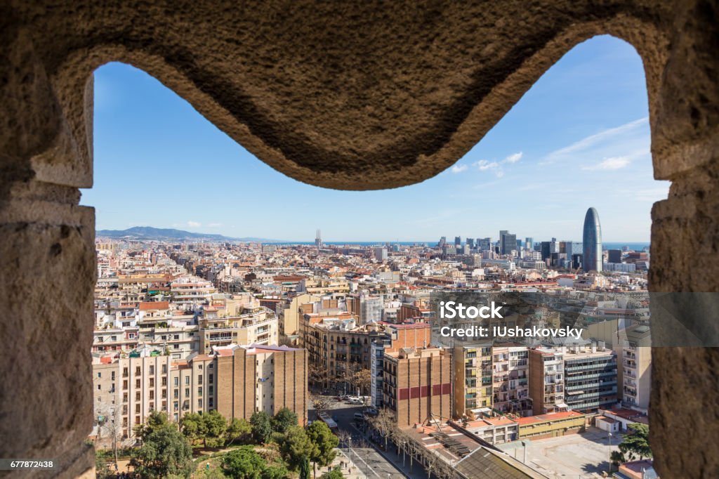 View of Barcelona from tower of Sagrada Familia View of Barcelona city from tower of Sagrada Familia. Horizontal Stock Photo