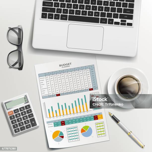 Documents Coffee And Laptop On The Desk Stock Illustration - Download Image Now - Calculator, Home Finances, Laptop