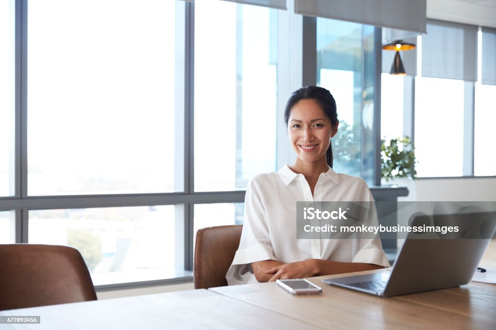 Portrait Of Businesswoman Working On Laptop In Boardroom Businesswoman Stock Photo