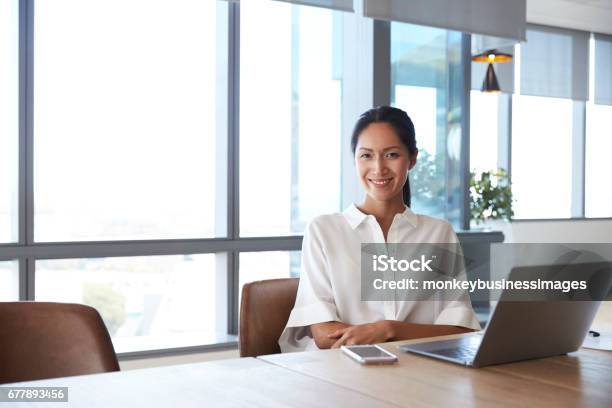 Portrait Of Businesswoman Working On Laptop In Boardroom Stock Photo - Download Image Now