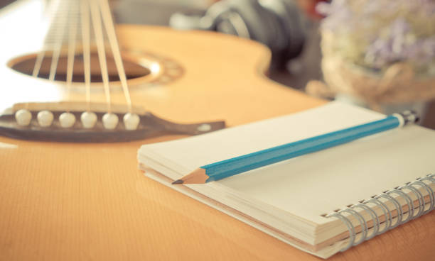 istock Guitar with Blank notebook for music songwriting 677895430