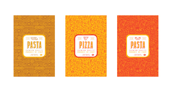 Set of seamless pattern and template labels for pizza and pasta. Design elements in thin line style