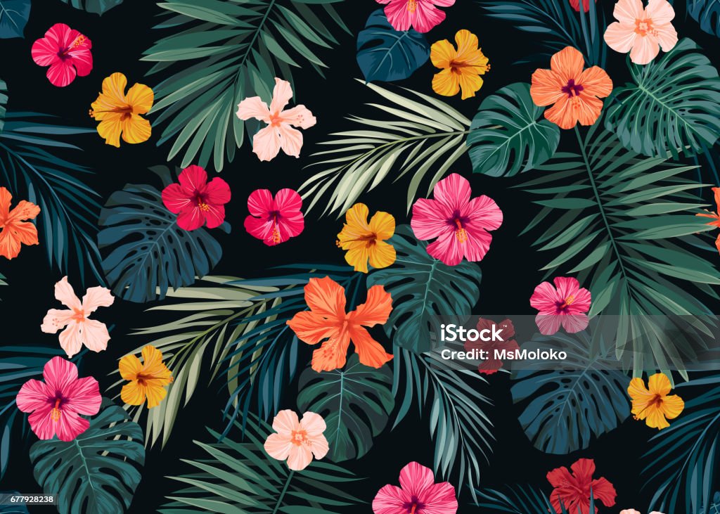 Seamless hand drawn tropical vector pattern with bright hibiscus flowers and exotic palm leaves on dark background Seamless hand drawn tropical pattern with bright hibiscus flowers and exotic palm leaves on dark background. Vector illustration. Flower stock vector