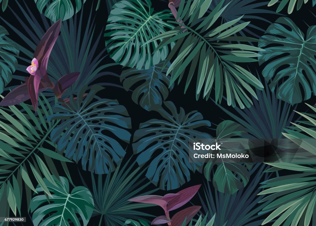 Seamless hand drawn botanical exotic vector pattern with green palm leaves on dark background Seamless hand drawn botanical exotic pattern with green palm leaves on dark background. Vector illustration. Rainforest stock vector