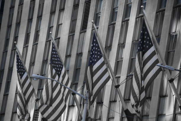 istock set of US flags hang at the entrance 677931376