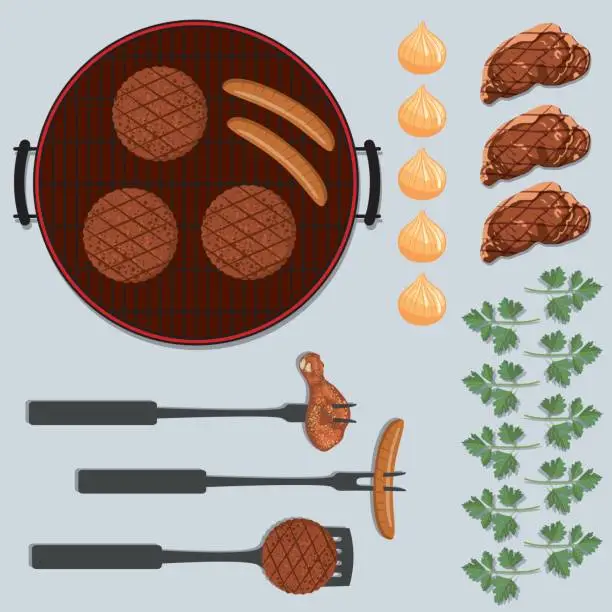 Vector illustration of BBQ Foods Flatlays or knolling Concepts.