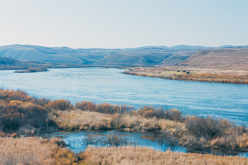 a moutain landscape with a river ,lake in forest in Inner Mongolia Hulunbeier