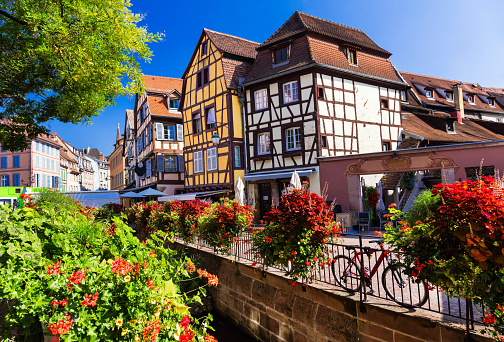 Strasbourg, France - September 22, 2021: Late afternoon on the Benjamin Zix square in the Petite France quarter, along the canal lined with half-timbered houses, very popular with tourists.