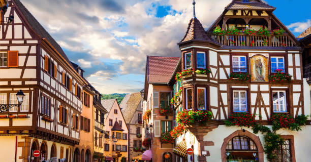 Riquewihr - one of the most beautiful villages of France, Alsace region pictorial small colorful towns of Alsace region in France (border with Germany) ancient villages stock pictures, royalty-free photos & images