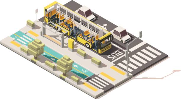 illustrations, cliparts, dessins animés et icônes de bus isométrique low poly vecteur sur la voie de bus - isometric car vector land vehicle