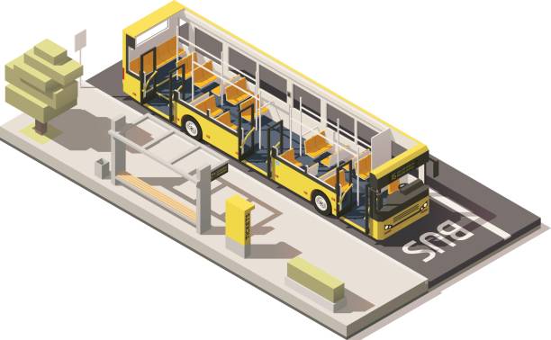 illustrations, cliparts, dessins animés et icônes de bus isométrique low poly vecteur près de l’arrêt de bus - isometric car vector land vehicle