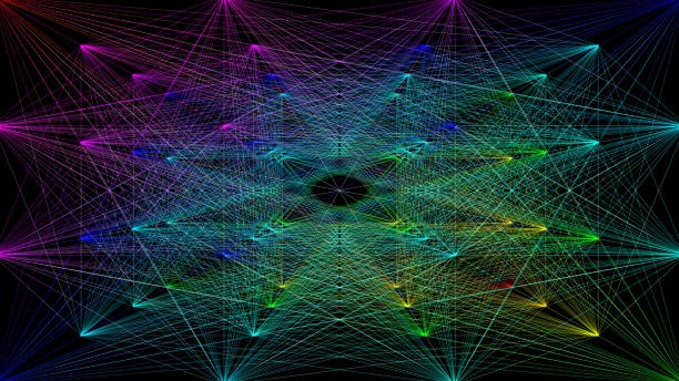 3D illustration of colored geometric sheme connection structure on black background