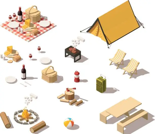 Vector illustration of Vector isometric low poly camping equipment