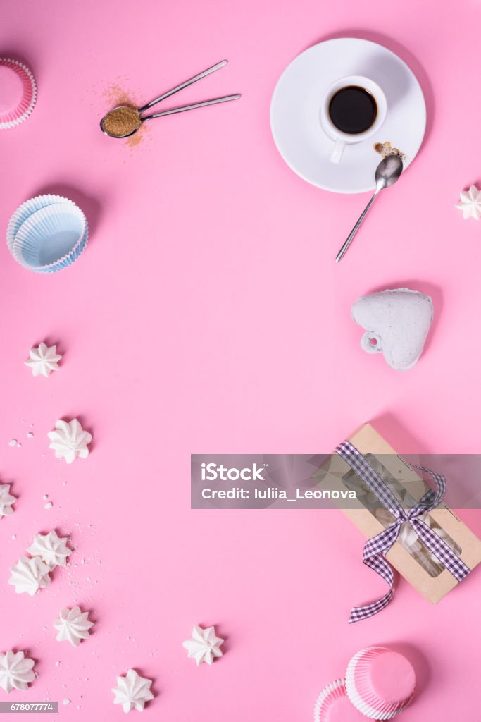 Coffee And Meringue Cake On Pink Background Cafe Menu Frame Stock Photo -  Download Image Now - iStock