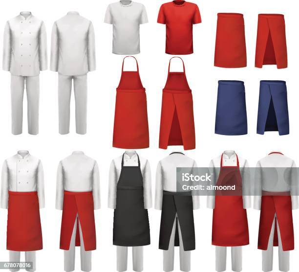 Big Set Of Culinary Clothing White And Red Suits Stock Illustration - Download Image Now - Apron, T-Shirt, Uniform