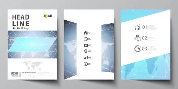 Vector illustration of The vector illustration of editable layout of three A4 format modern covers design templates for brochure, magazine, flyer, booklet. Polygonal texture. Global connections, futuristic geometric concept
